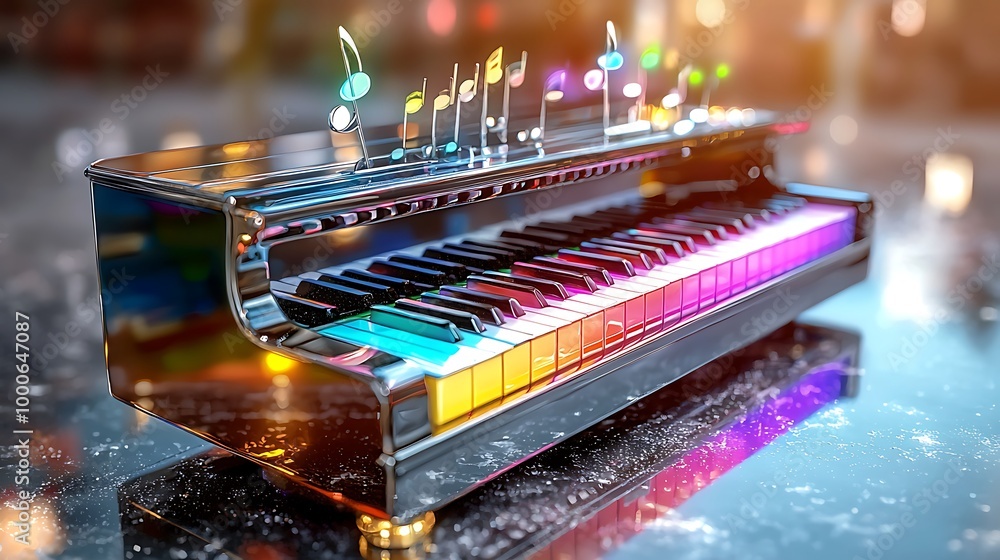 Poster colorful piano keys are accompanied by music notes, creating an abstract visual of melody.