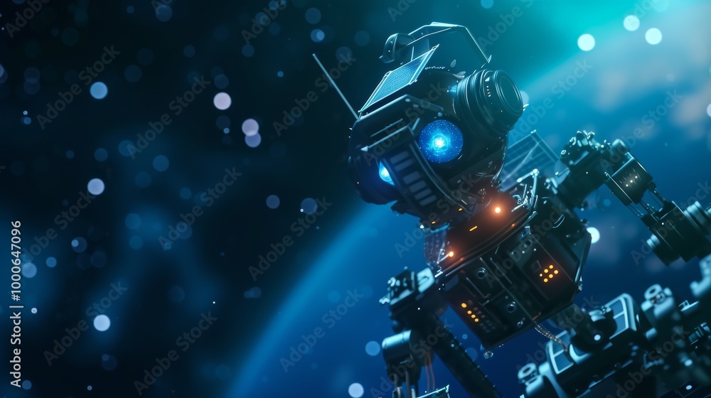 Aufkleber a close-up of a robotic figure with glowing blue eyes in a dark outer space environment. the robot's