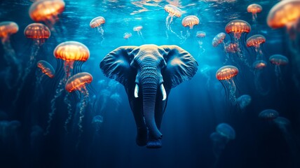 A serene underwater scene featuring an elephant swimming among vibrant jellyfish, showcasing the beauty of marine life.