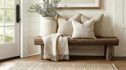 a cozy organic modern entryway that features a wooden bench and white pillows