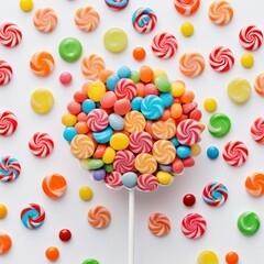 Fototapeta premium Colorful candies arranged on a white background, featuring various shapes and textures in shades of yellow, blue, green, orange, and heart designs, perfect for decoration or dessert