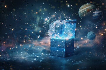 Magical Gift Box with Cosmic Glow and Planetary Background for a Mystical Universe-Inspired Surprise