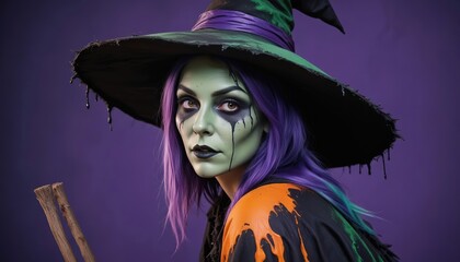witch portrait. beautiful young woman with long curly green hair wearing witch hat. giving off an aura that captivates witchcraft anyone who looks at her