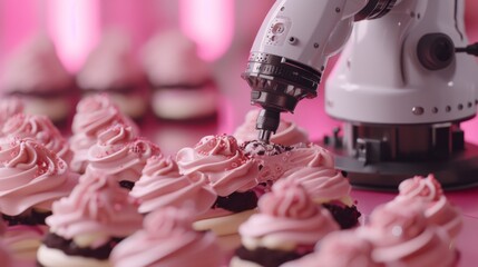 A robotic arm meticulously decorates cupcakes with pink frosting, demonstrating the intersection of advanced robotics and delicate culinary artistry in a futuristic kitchen setting.
