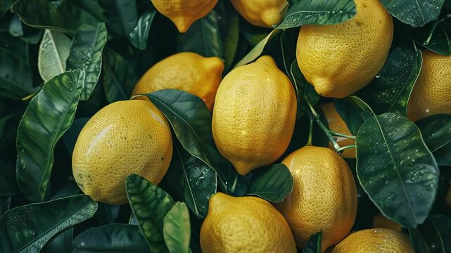 Close up of fresh lemons fruit background with leaves, top view. Photorealistic high resolution macro photography for advertising or food design.