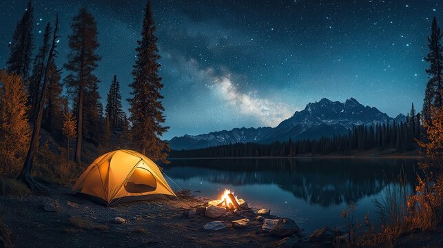 A glowing tent and campfire beside a serene mountain lake under a clear starry sky with the Milky Way, surrounded by pine trees and mountains.