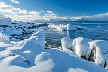 Ice Icebergs And Snow Covered Rocks Against The Sea Created