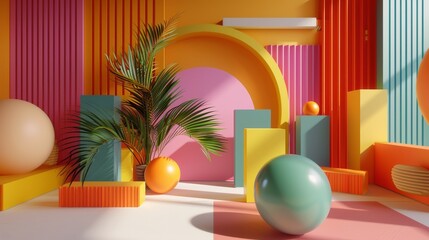 Vibrant Geometric Arrangement with Spherical Forms and Pastel Colors