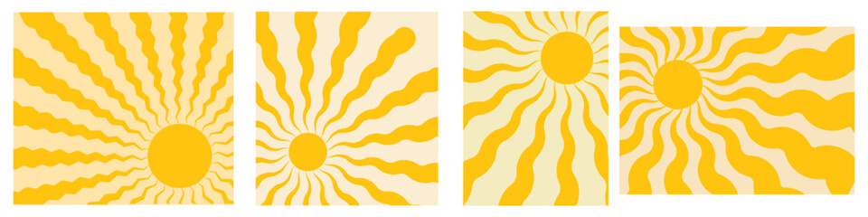 Horizontal retro groovy background with bright sunburst in style 60s, 70s. Trendy colorful graphic print. Vector illustration.