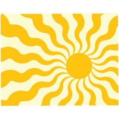 Groovy, hippie, retro sunny background. Abstract hand drawn doodle sunshine shapes in trendy childishly, naive art style. Contemporary summer poster, banner, vector template.