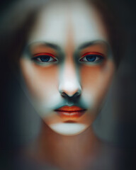Close-up portrait of a solemn face gazes directly ahead accentuated by striking red eye shadow and cool-toned highlights. The surreal, almost ethereal effect creates a hauntingly mesmerizing ambiance.