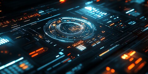 Futuristic digital interface with glowing lines and circles.