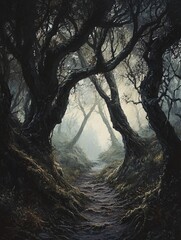 A misty, cursed woodland with twisted trees conceals a mysterious trail steeped in ancient lore.