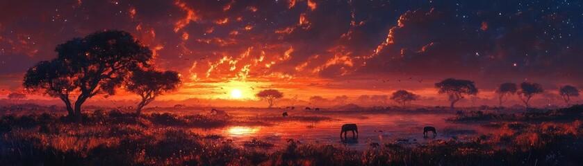 Fototapeta premium Breathtaking vista of an otherworldly savanna, surreal lighting casting magical shadows of animals engaged in whimsical behaviors