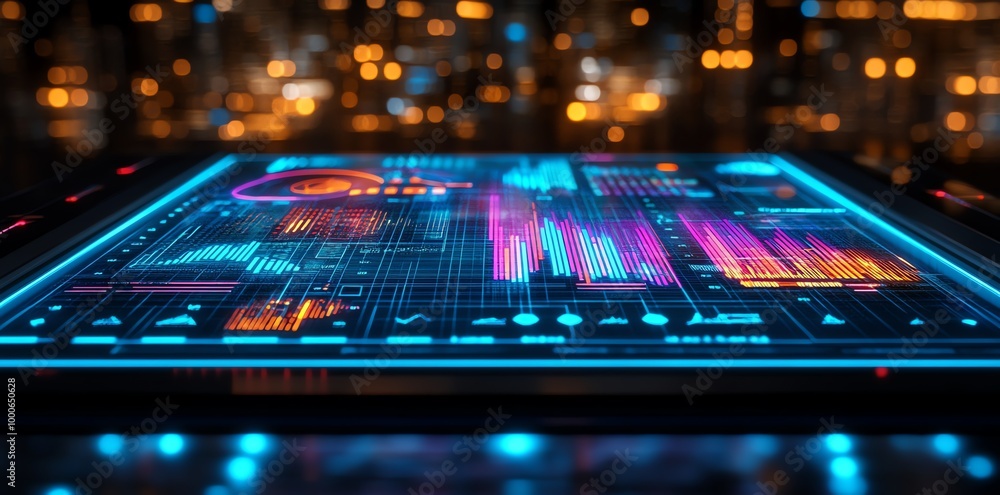 Aufkleber futuristic holographic display with glowing lines and graphs on a black surface, illuminated by colo
