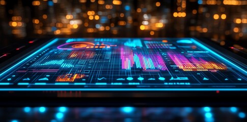 Futuristic holographic display with glowing lines and graphs on a black surface, illuminated by colorful lights.