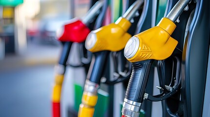 Close-up of Yellow and Red Fuel Nozzles at a Gas Station