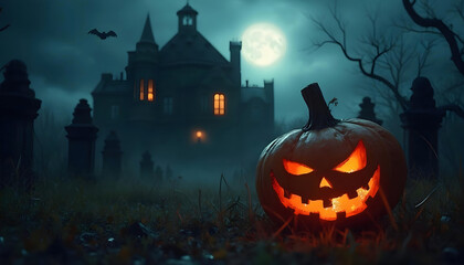 Fototapeta premium halloween background with pumpkins and a house. Pumpkin lanterns glow in the dark of night with a cemetery area in the background
