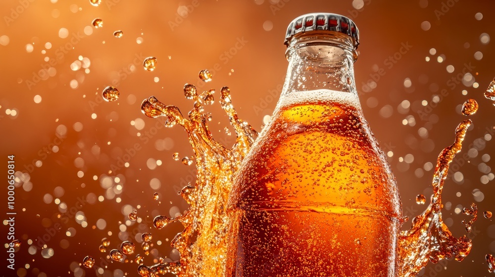 Poster a dynamic representation of a beverage bottle with splashes and bubbles, capturing the essence of re