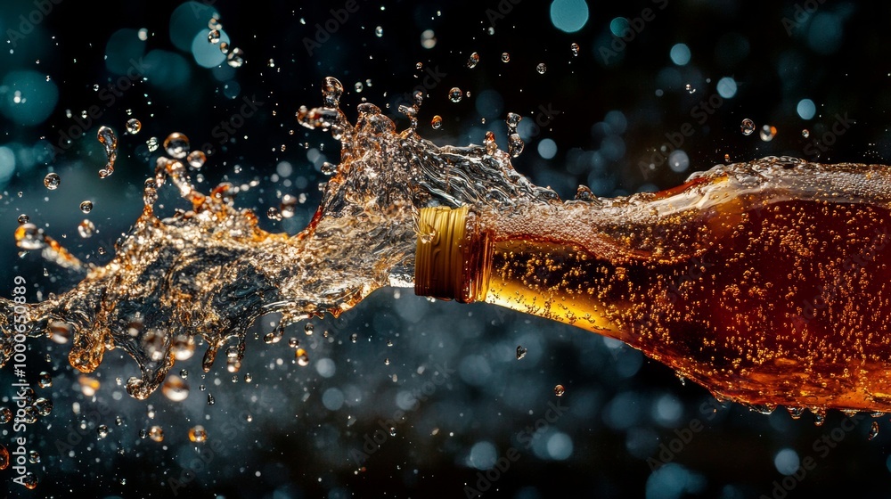 Poster a dynamic representation of a beverage bottle with splashes and bubbles, capturing the essence of re