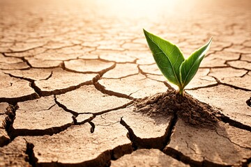 A lone dried-up plant on parched, cracked earth symbolizes the severe environmental consequences of global warming