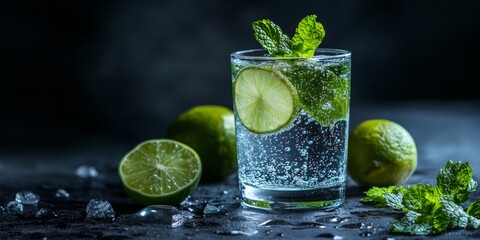 Fototapeta premium A minimalist design of a clear glass with sparkling water, garnished with mint leaves and lime, suggesting refreshment