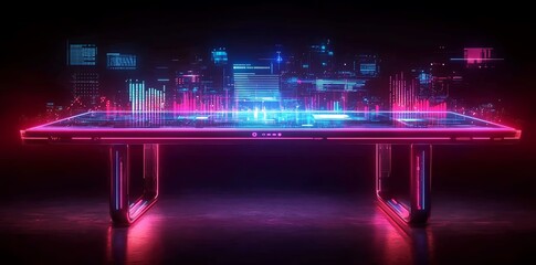 Futuristic table with glowing neon lights and data visualizations.