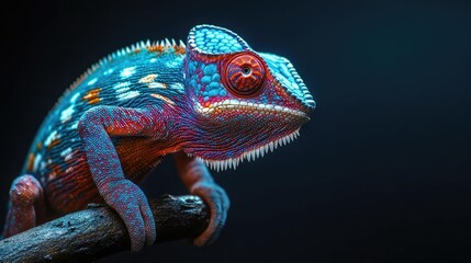 Fototapeta premium Macro view of a vibrant chameleon perched on a branch, showcasing its intricate skin patterns under soft light, revealing natures wonders