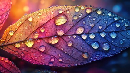 Scientific discoveries revealed through raindrops on a simple leaf, vibrant macro colors, stunning detail