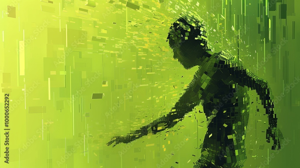 Poster a highly stylized abstract representation of a figure breaking into pixels, moving through a green-t
