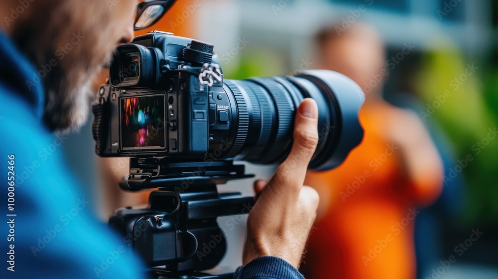 Poster professional photographer capturing image with camera