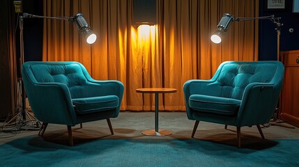 Two Teal Armchairs Facing Each Other in a Room with Golden Curtains