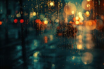 Obraz premium Rainy Window with Blurred City Lights and Bokeh Effect for a Moody and Atmospheric Night Scene