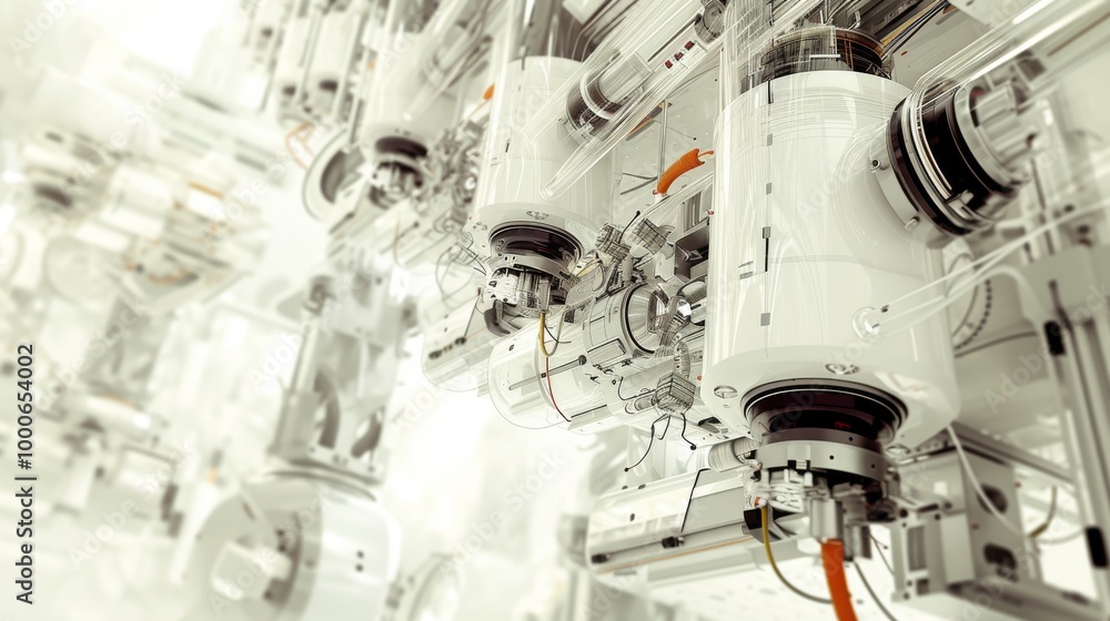 Poster futuristic machinery with intricate details in an industrial setting, emphasizing modern engineering