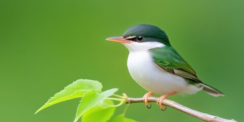 Green and White Bird Perched on Branch with Green Background