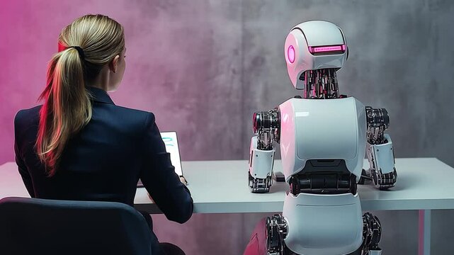Futuristic job interview scene, Businesswoman beside humanoid robot exploring AI integration in corporate recruitment
