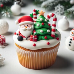 Fototapeta premium A Christmas Xmas Cupcake muffin with icing frosting topping of tree, santa claus, snowman, candy cane, decorations
