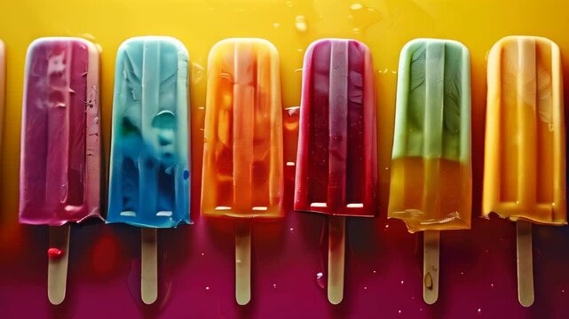 Colorful popsicles arranged in a row with vibrant flavors captured during a summer afternoon at a local market