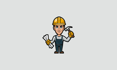 Smiling construction worker holding hammer and blueprints.