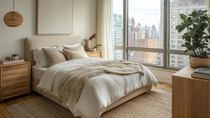 Fototapeta premium a serene organic modern bedroom in a new york city appartement