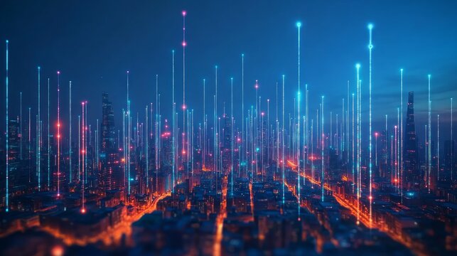 Smart city digital transformation development concept. Band lights over modern urban cityscape at night. New fast internet communication 5G technology. Fiber Optics