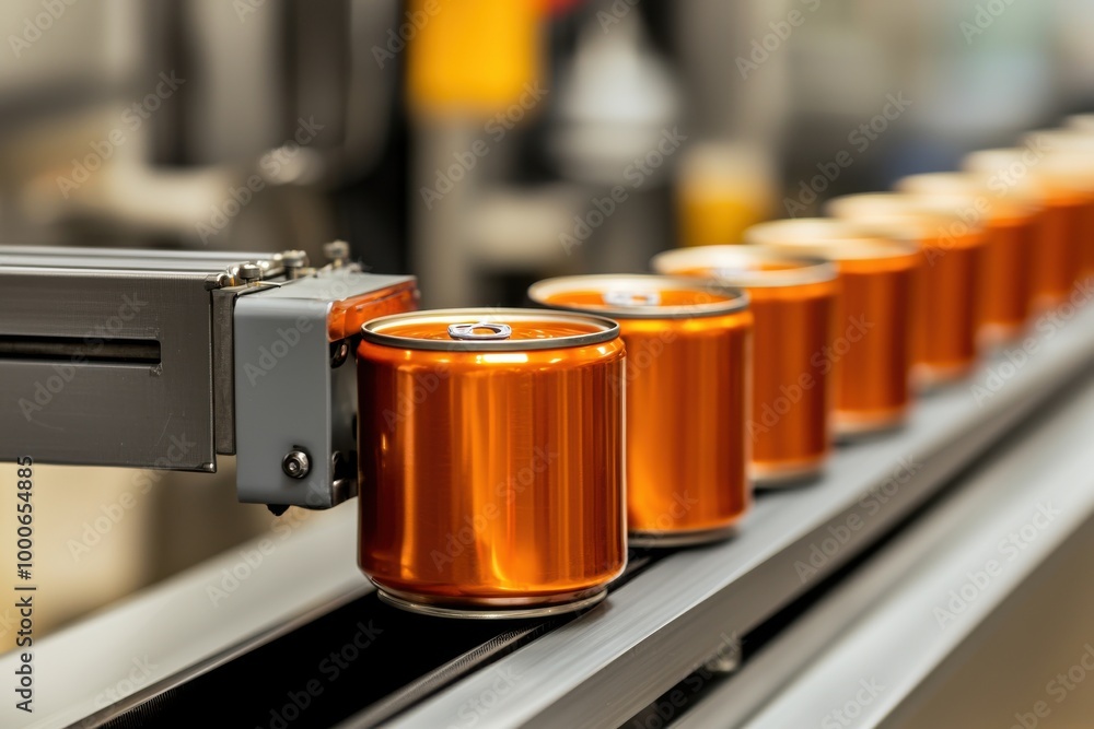 Poster automated conveyor system transporting orange cans in a production line.