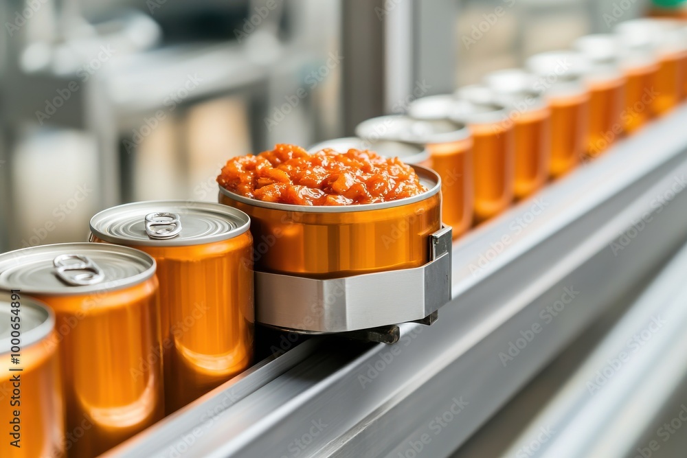 Poster automated food processing with cans on a conveyor belt.