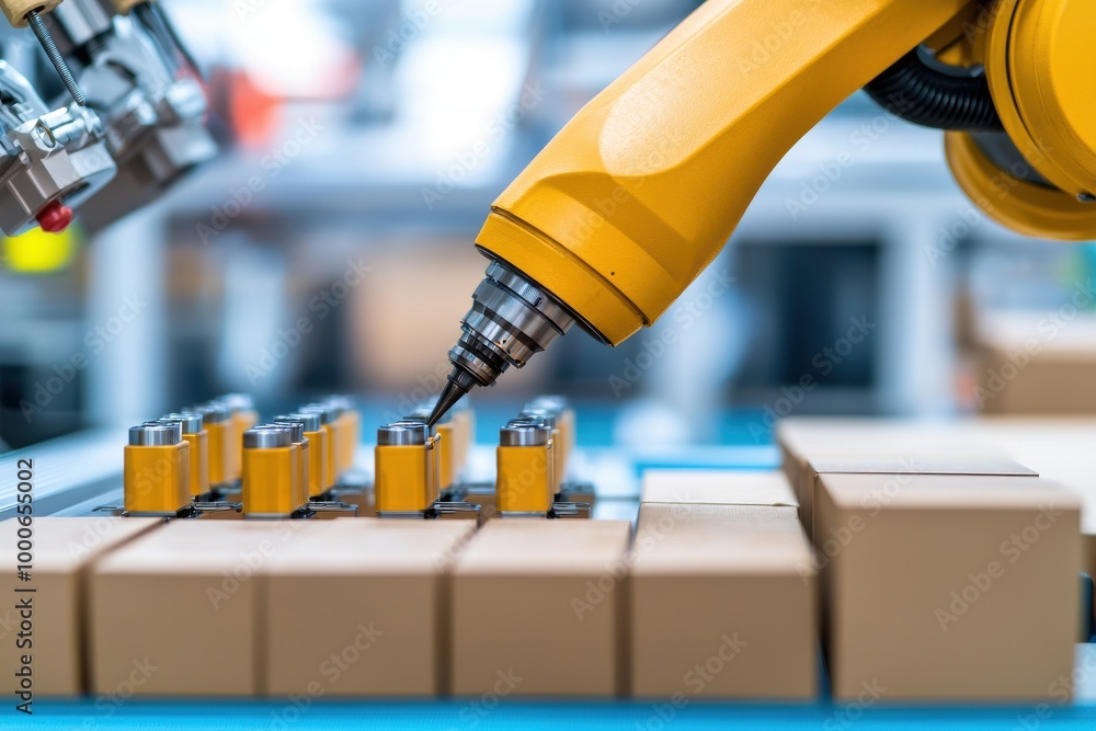 Poster close-up of robotic arm assembling components in a modern factory.