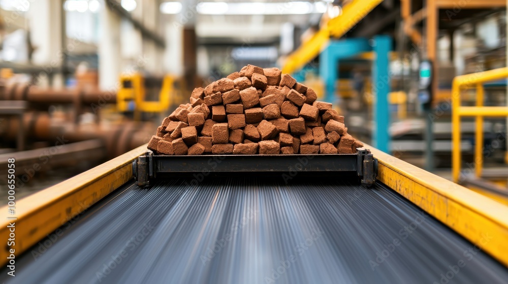 Poster conveyor belt transporting a large pile of bricks in a factory environment