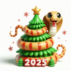 A happy, cute snake wraps around a fir tree for 2025 New Year, in cartoon 3D render