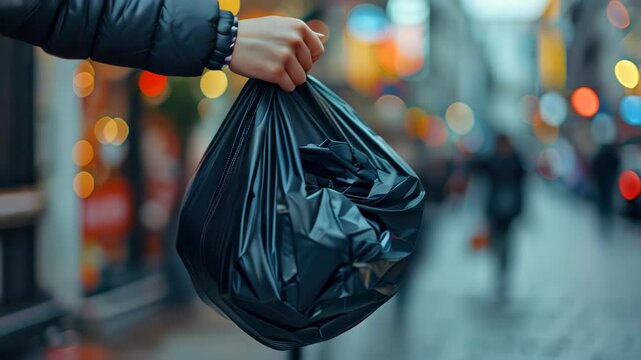 A person holding a black trash bag while walking through a busy urban street in the evening