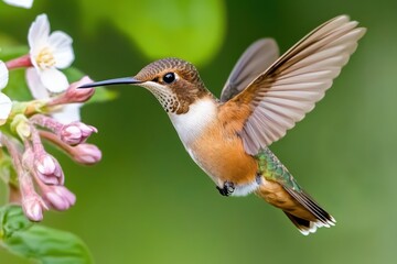 Fototapeta premium Hummingbird in Flight with White Flowers and Green Background