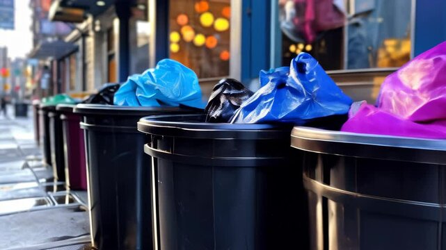 Colorful trash bins line a city sidewalk on a sunny morning, showcasing urban waste management efforts