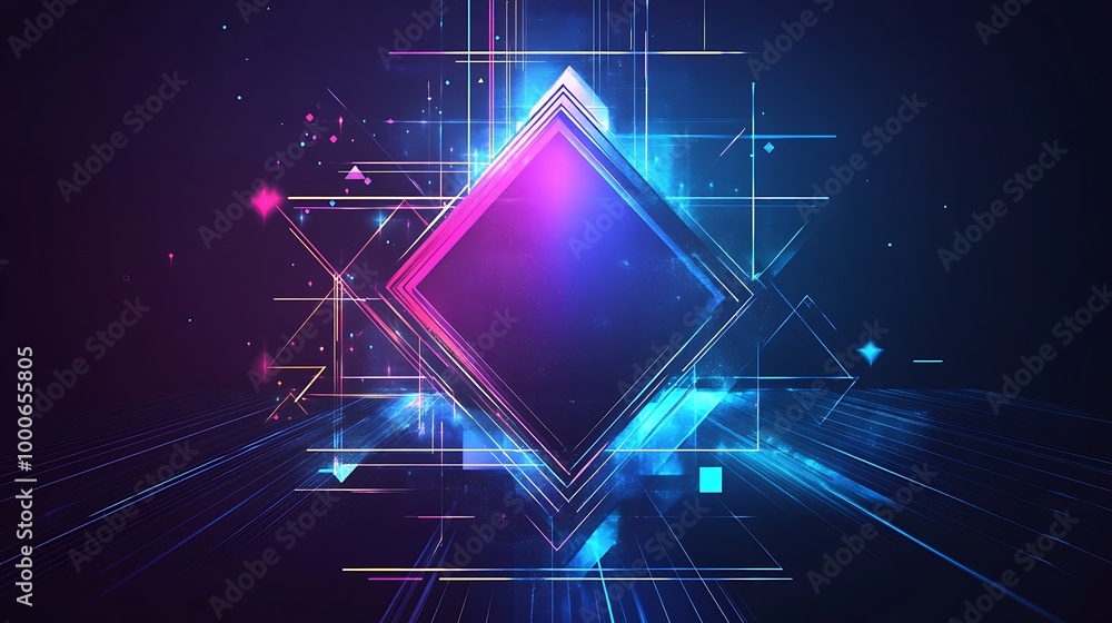 Poster Abstract digital background with glowing neon lines and shapes.